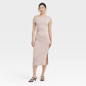 NWT knit midi dress women's M minimalist cinched waist fitted side slit elegant